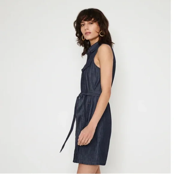 Warehouse Denim Mini Dress Sleeveless Tie Waist Pockets Dark Wash Size 6 Small - Picture 4 of 10